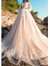 Ivory Lace Peach Tulle Wedding Dress With Horsehair Trim